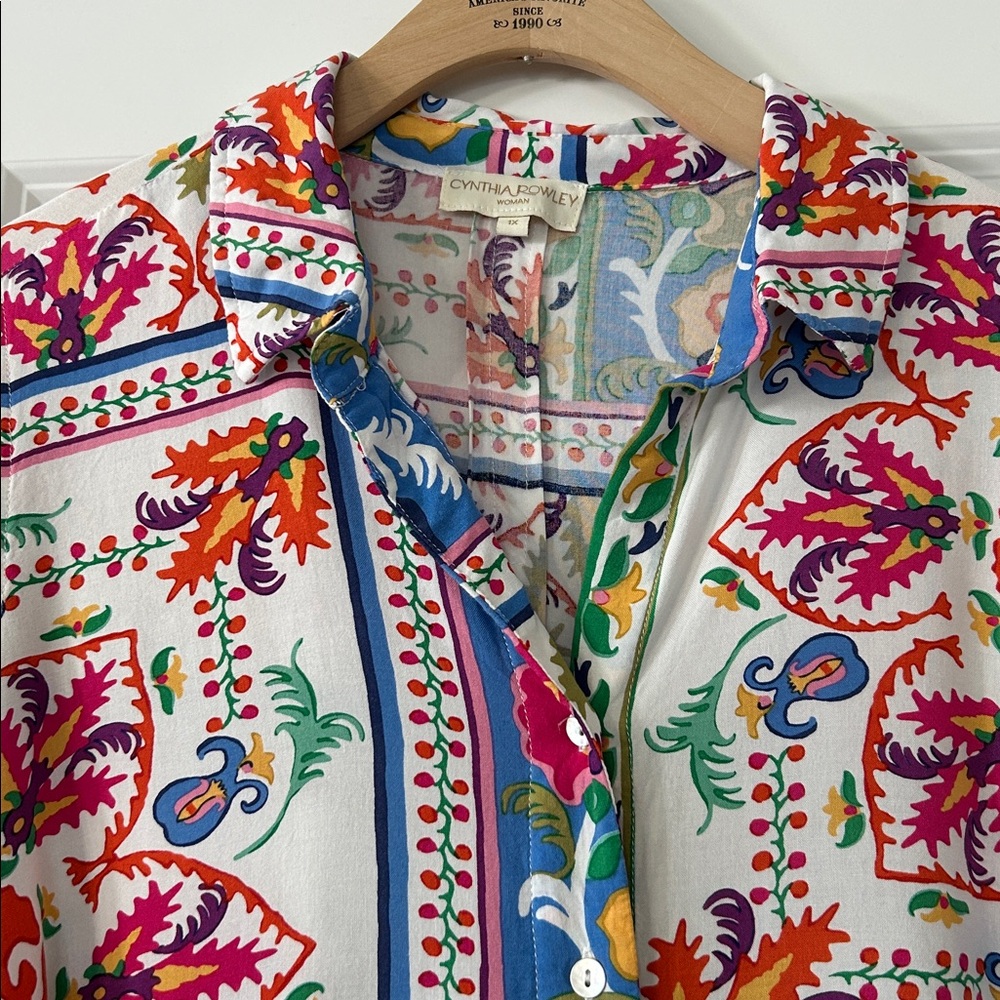 Cynthia Rowley Woman Gorgeous Print Button Front Blouse Sz 1X w MEASUREMENTS